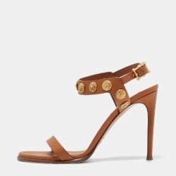 Pre Owned Valentino Tan Leather Studded Coin Ankle Strap Sandals Size 38.5
