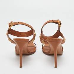 Pre Owned Valentino Tan Leather Studded Coin Ankle Strap Sandals Size 38.5
