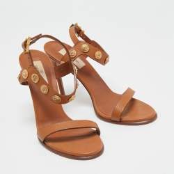 Pre Owned Valentino Tan Leather Studded Coin Ankle Strap Sandals Size 38.5