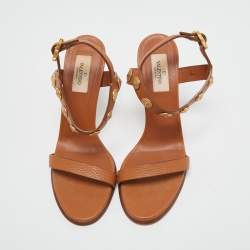 Pre Owned Valentino Tan Leather Studded Coin Ankle Strap Sandals Size 38.5