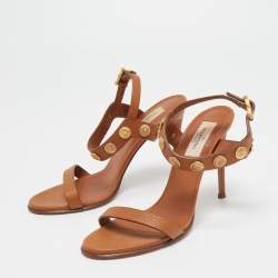 Pre Owned Valentino Tan Leather Studded Coin Ankle Strap Sandals Size 38.5