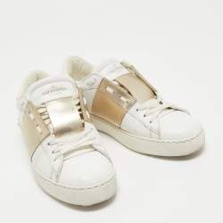 مملوكة مسبقًا Valentino White/Gold Leather Rockstud Low Top Sneakers Size 36.5