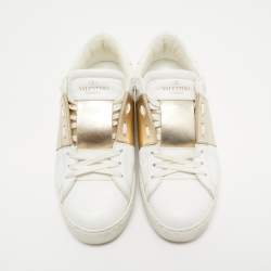 مملوكة مسبقًا Valentino White/Gold Leather Rockstud Low Top Sneakers Size 36.5