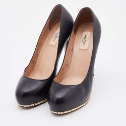 Pre Owned Valentino Black Leather Rockstud Platform Pumps Size 38.5
