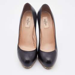 Pre Owned Valentino Black Leather Rockstud Platform Pumps Size 38.5