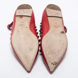Pre Owned Valentino Red Leather Rockstud Ankle Strap Ballet Flats Size 39.5