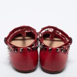 Pre Owned Valentino Red Leather Rockstud Ankle Strap Ballet Flats Size 39.5