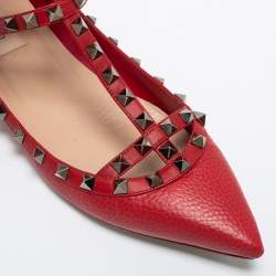 Pre Owned Valentino Red Leather Rockstud Ankle Strap Ballet Flats Size 39.5