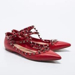 Pre Owned Valentino Red Leather Rockstud Ankle Strap Ballet Flats Size 39.5