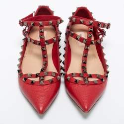 Pre Owned Valentino Red Leather Rockstud Ankle Strap Ballet Flats Size 39.5