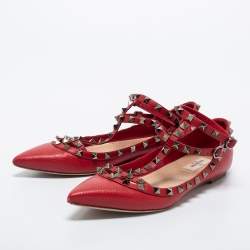 Pre Owned Valentino Red Leather Rockstud Ankle Strap Ballet Flats Size 39.5