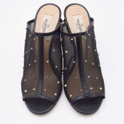 Pre Owned Valentino Black Mesh and Leather Rockstud Open Toe Mules Size 37.5
