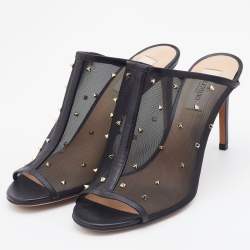 Pre Owned Valentino Black Mesh and Leather Rockstud Open Toe Mules Size 37.5