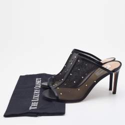 Pre Owned Valentino Black Mesh and Leather Rockstud Open Toe Mules Size 37.5