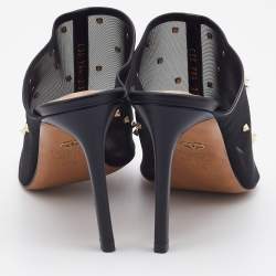 Pre Owned Valentino Black Mesh and Leather Rockstud Open Toe Mules Size 37.5