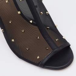 Pre Owned Valentino Black Mesh and Leather Rockstud Open Toe Mules Size 37.5