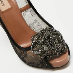 Pre Owned Valentino Black Lace Crystal Embellished Flower Peep Toe Pumps Size 40