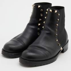 Pre Owned Valentino Black Leather and Stretch Fabric Rockstud Chelsea Ankle Boots Size 38