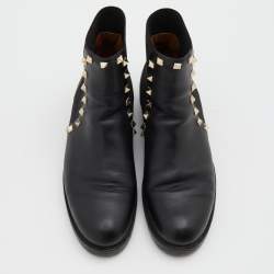 Pre Owned Valentino Black Leather and Stretch Fabric Rockstud Chelsea Ankle Boots Size 38