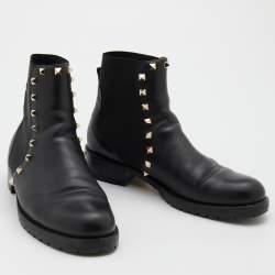 Pre Owned Valentino Black Leather and Stretch Fabric Rockstud Chelsea Ankle Boots Size 38