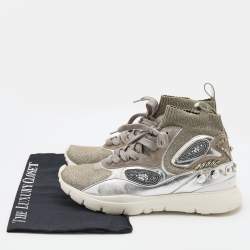 Pre Owned Valentino Silver/Grey Metallic Knit Fabric and Leather High Top Sneakers Size 39