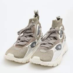Pre Owned Valentino Silver/Grey Metallic Knit Fabric and Leather High Top Sneakers Size 39