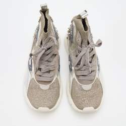 Pre Owned Valentino Silver/Grey Metallic Knit Fabric and Leather High Top Sneakers Size 39