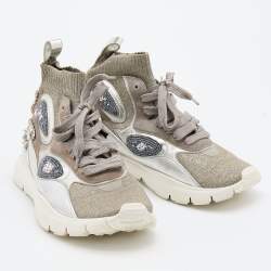Pre Owned Valentino Silver/Grey Metallic Knit Fabric and Leather High Top Sneakers Size 39