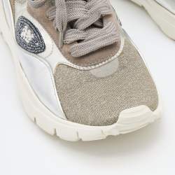 Pre Owned Valentino Silver/Grey Metallic Knit Fabric and Leather High Top Sneakers Size 39