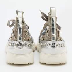Pre Owned Valentino Silver/Grey Metallic Knit Fabric and Leather High Top Sneakers Size 39