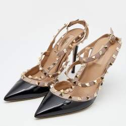 Pre Owned Valentino Black/Beige Patent Leather Rockstud Ankle Strap Pumps Size 39