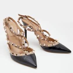 Pre Owned Valentino Black/Beige Patent Leather Rockstud Ankle Strap Pumps Size 39