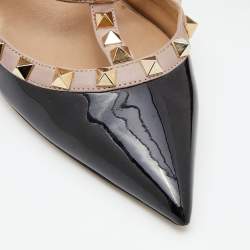 Pre Owned Valentino Black/Beige Patent Leather Rockstud Ankle Strap Pumps Size 39