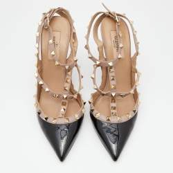 Pre Owned Valentino Black/Beige Patent Leather Rockstud Ankle Strap Pumps Size 39