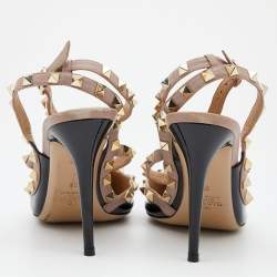 Pre Owned Valentino Black/Beige Patent Leather Rockstud Ankle Strap Pumps Size 39