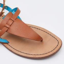 Pre Owned Valentino Brown Leather Rockstud Thong Ankle Strap Flats Size 38