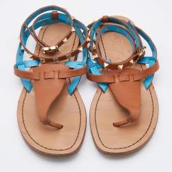 Pre Owned Valentino Brown Leather Rockstud Thong Ankle Strap Flats Size 38