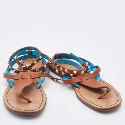 Pre Owned Valentino Brown Leather Rockstud Thong Ankle Strap Flats Size 38