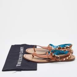 Pre Owned Valentino Brown Leather Rockstud Thong Ankle Strap Flats Size 38