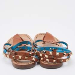 Pre Owned Valentino Brown Leather Rockstud Thong Ankle Strap Flats Size 38