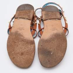 Pre Owned Valentino Brown Leather Rockstud Thong Ankle Strap Flats Size 38