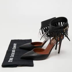Pre Owned Valentino Black Leather and PVC C-Rockee Fringe Ankle Wrap Pumps Size 39.5