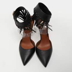 Pre Owned Valentino Black Leather and PVC C-Rockee Fringe Ankle Wrap Pumps Size 39.5