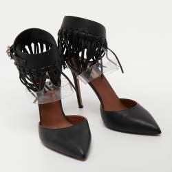 Pre Owned Valentino Black Leather and PVC C-Rockee Fringe Ankle Wrap Pumps Size 39.5