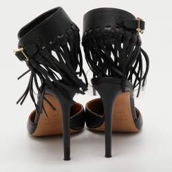 Pre Owned Valentino Black Leather and PVC C-Rockee Fringe Ankle Wrap Pumps Size 39.5