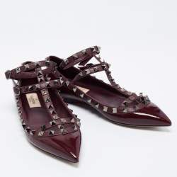 Pre Owned Valentino Burgundy Patent Leather Rockstud Ankle Strap Ballet Flats Size 35