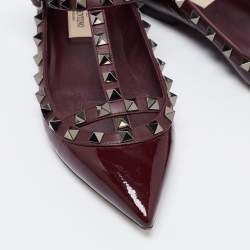 Pre Owned Valentino Burgundy Patent Leather Rockstud Ankle Strap Ballet Flats Size 35