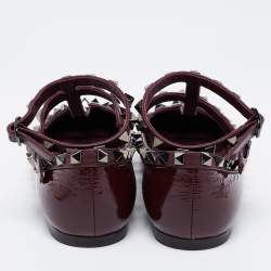 Pre Owned Valentino Burgundy Patent Leather Rockstud Ankle Strap Ballet Flats Size 35