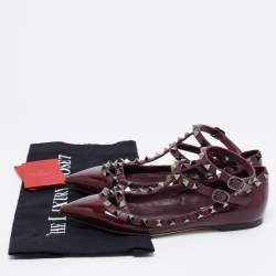 Pre Owned Valentino Burgundy Patent Leather Rockstud Ankle Strap Ballet Flats Size 35
