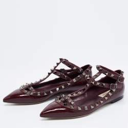 Pre Owned Valentino Burgundy Patent Leather Rockstud Ankle Strap Ballet Flats Size 35